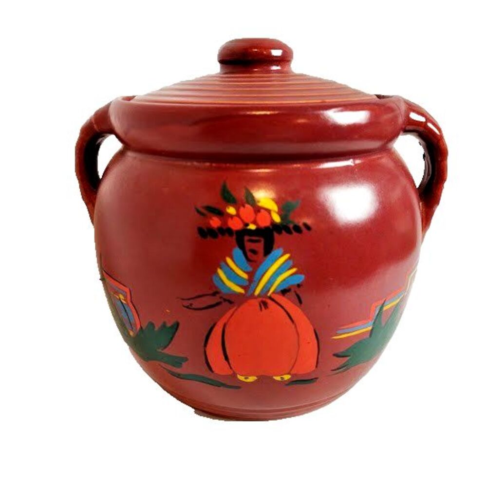 Carmen Miranda Style Hand Painted Ceramic Pot with Lid Maroon Vintage 8 In Tall